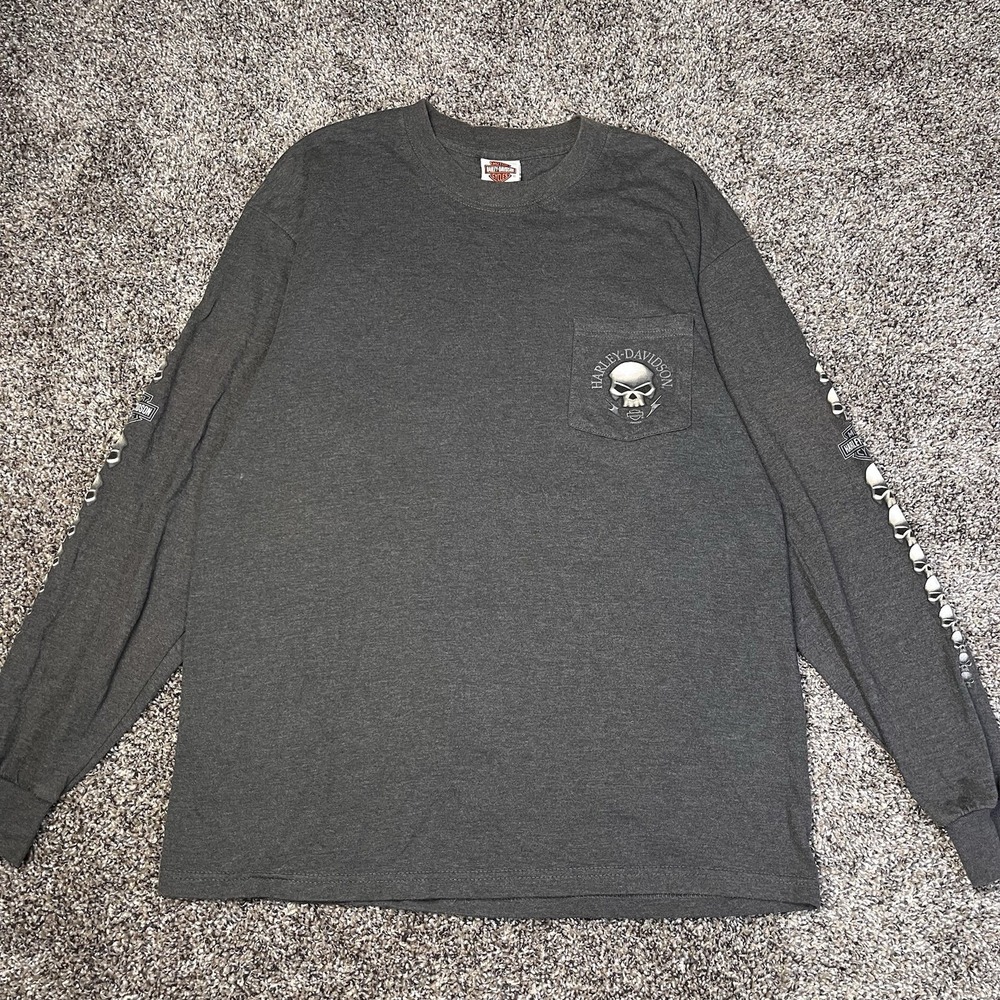 Y2K 2003 Harley Davidson Mens Size L Skull Gray Long Sleeve Print San Francisco